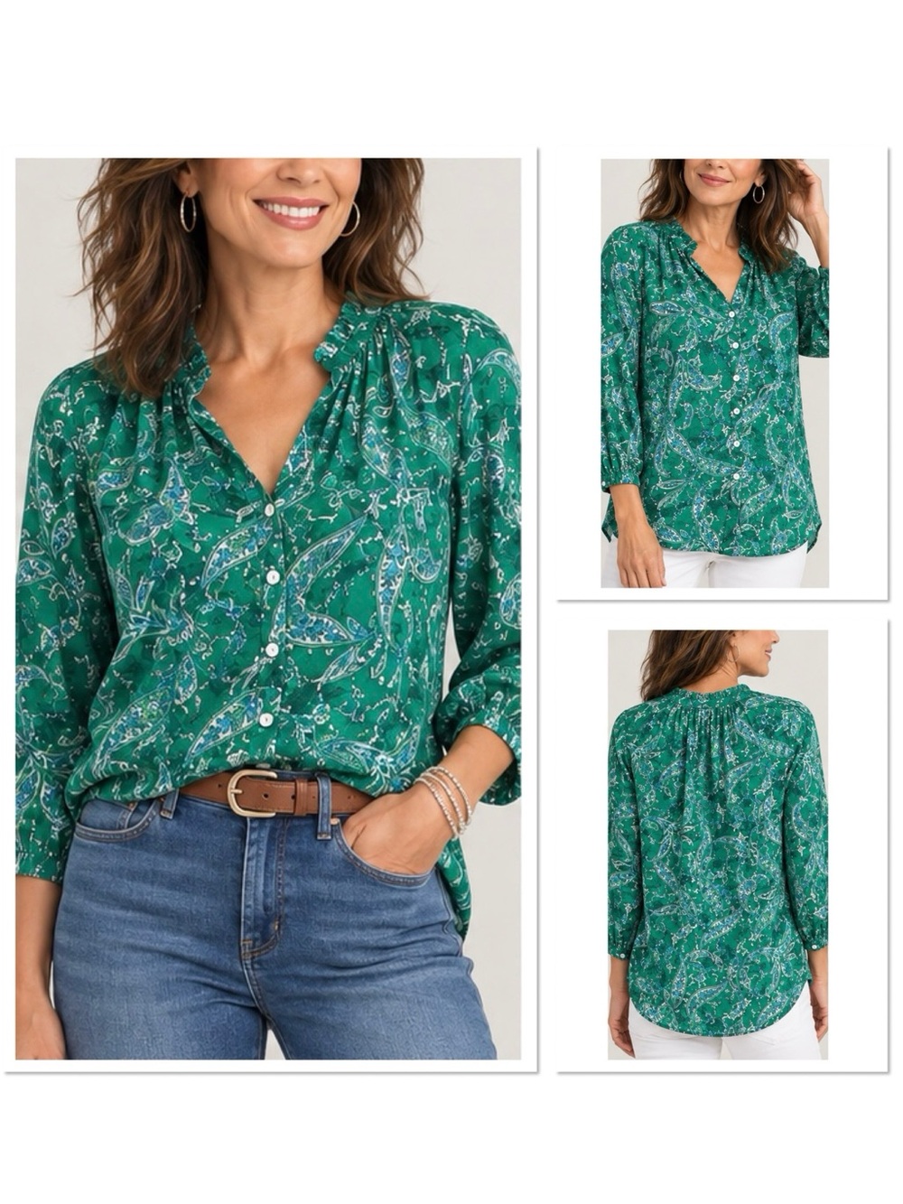 J Jill Paisley V-neck Button Down Blouse XS Petite Kelly Green